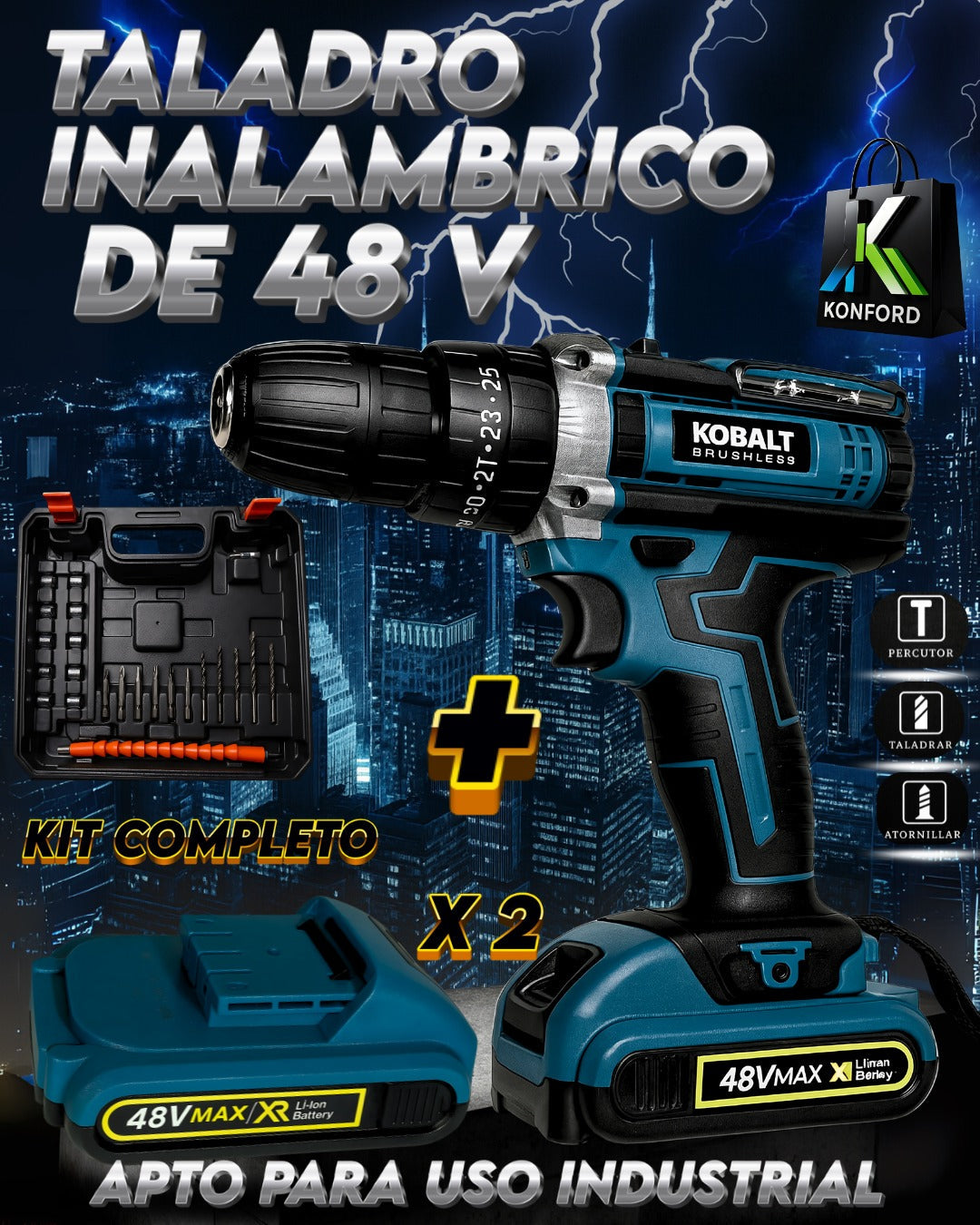 Taladro Inalámbrico 48V Profesional + Kit de Accesorios