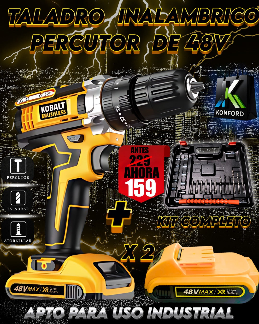 Taladro Inalámbrico 48V Profesional + Kit de Accesorios